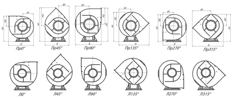 Положение корпуса и размеры вентилятора ВР 280-46 4 схема 1